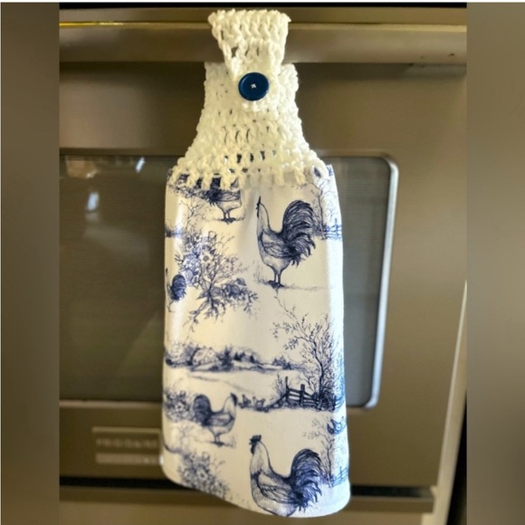 Hand Crafted Farmhouse Blue and White Hanging Rooster Kitchen Hand Towel - Picture 7 of 8